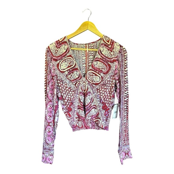 NWT Free People Pink and Red Long Sleeve Blouse Size Small - Picture 1 of 5